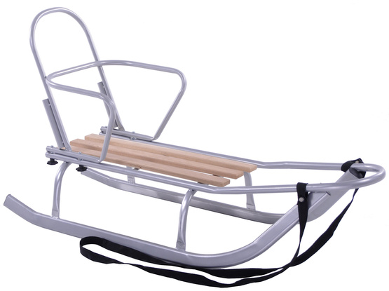 O. Sanki szeroka płoza pionowa z drewnianymi szczeblami, z oparciem szare BezPchacza