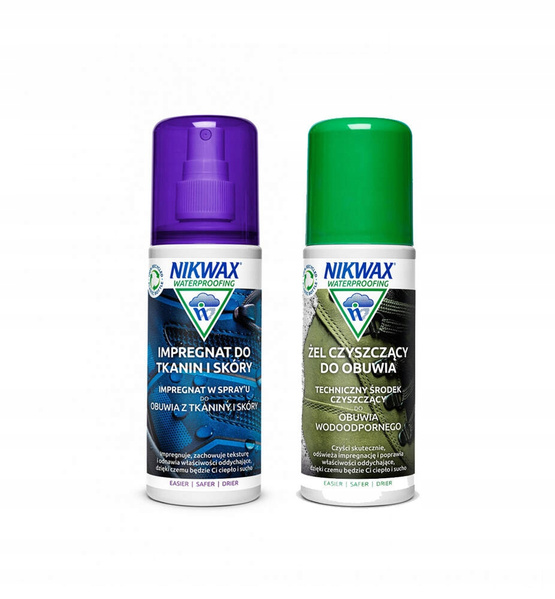 NIKWAX zestaw impregnat do obuwia z tkaniny i skóry  w spray-u oraz impregnat czyszczący z aplikatorem piankowym