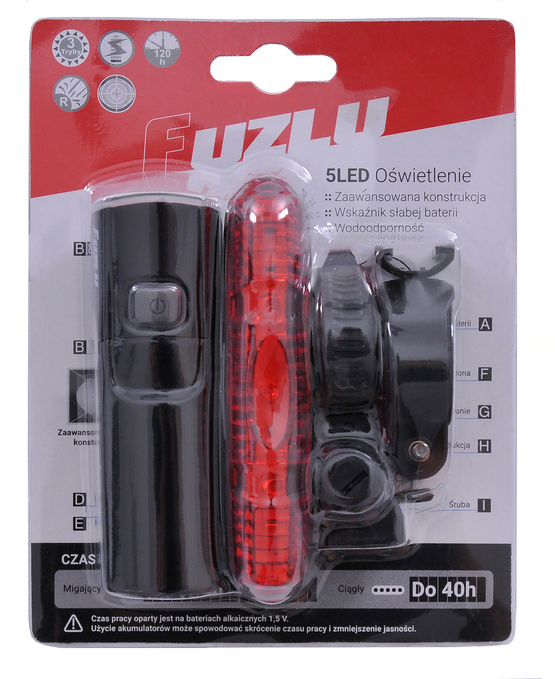 Zestaw lamp rowerowych FUZLU J&K-2225 + J&K-2212 60Lm + 20Lm