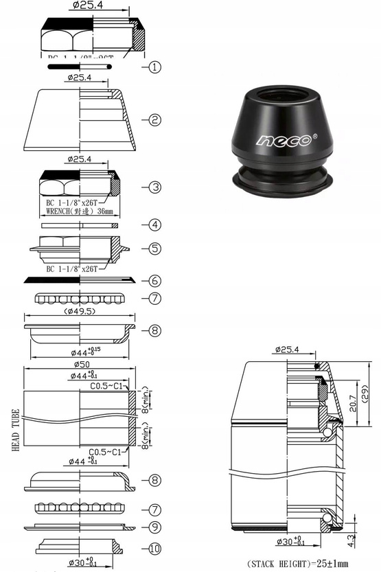 Stery rowerowe 1 1/8"  Neco H112N czarne